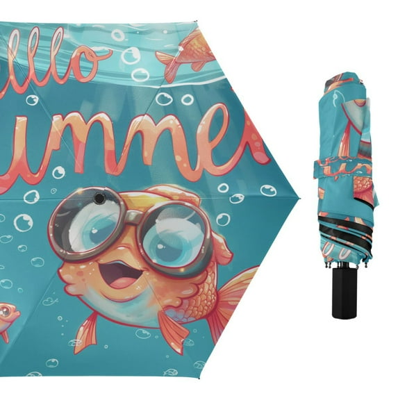 Compact Sun Umbrella Windproof Travel Umbrellas for Rain Strong Portable UV Protection Hello Summer Fish