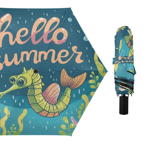 Compact Sun Umbrella Windproof Travel Umbrellas for Rain Strong Portable UV Protection Hello Summer Seahorses