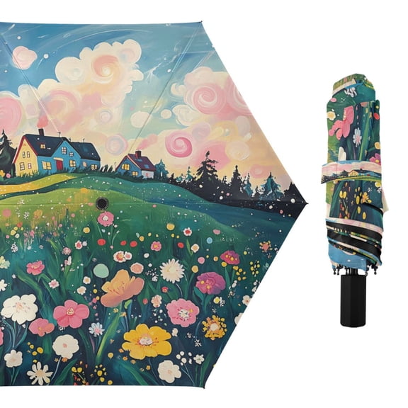 Compact Sun Umbrella Windproof Travel Umbrellas for Rain Strong Portable UV Protection Hillside with Wildflowers and Houses