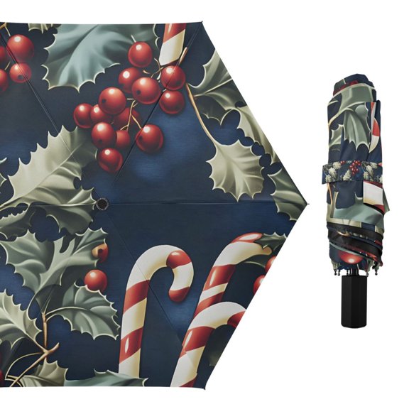 Compact Sun Umbrella Windproof Travel Umbrellas for Rain Strong Portable UV Protection Holly Leaves Berries Candy Canes