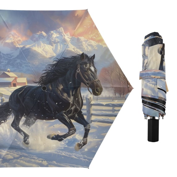 Compact Sun Umbrella Windproof Travel Umbrellas for Rain Strong Portable UV Protection Horse Galloping in Snow