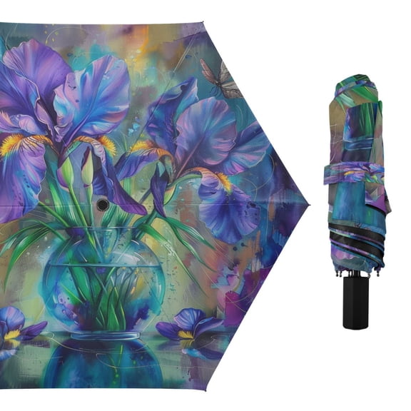 Compact Sun Umbrella Windproof Travel Umbrellas for Rain Strong Portable UV Protection Irises Flower in Vase