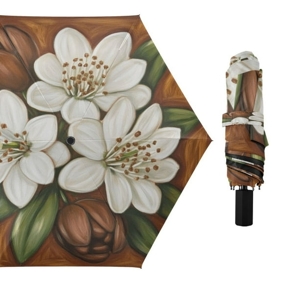 Compact Sun Umbrella Windproof Travel Umbrellas for Rain Strong Portable UV Protection Jasmine Flowers and Leaf
