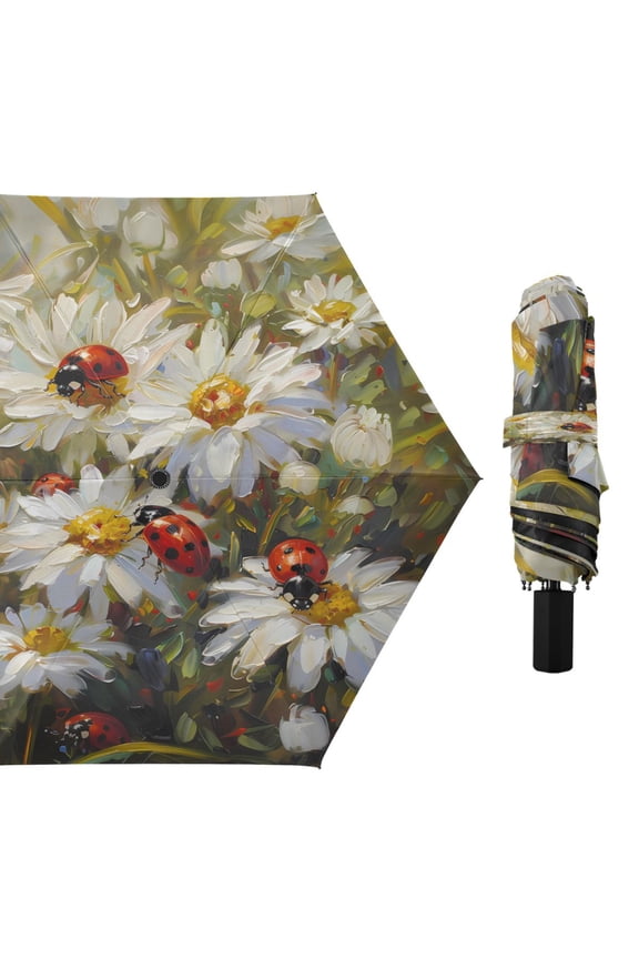 Compact Sun Umbrella Windproof Travel Umbrellas for Rain Strong Portable UV Protection Ladybird on Daisy Flower