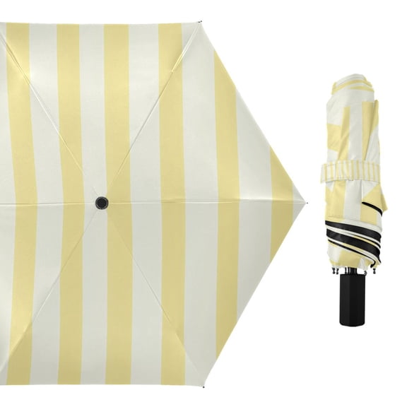 Compact Sun Umbrella Windproof Travel Umbrellas for Rain Strong Portable UV Protection Light Yellow and Off-white Striped