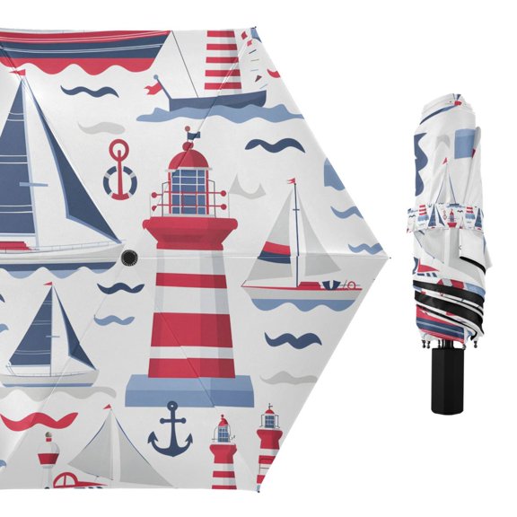 Compact Sun Umbrella Windproof Travel Umbrellas for Rain Strong Portable UV Protection Lighthouse Wave Ship