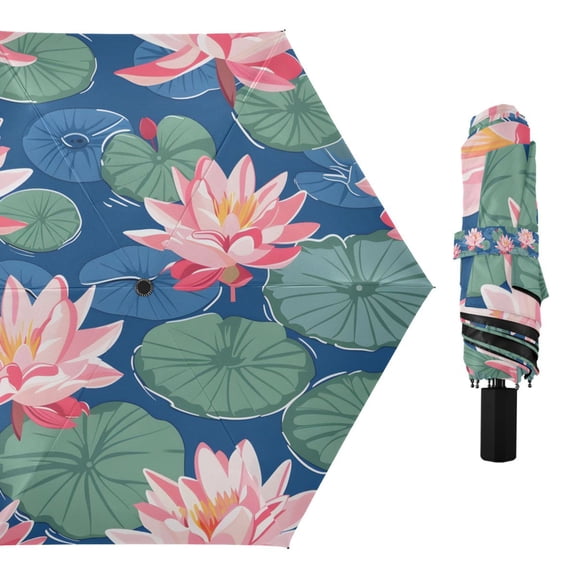 Compact Sun Umbrella Windproof Travel Umbrellas for Rain Strong Portable UV Protection Lily Flower and Lotus Leaf