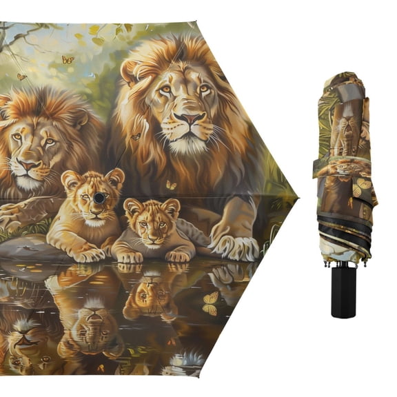 Compact Sun Umbrella Windproof Travel Umbrellas for Rain Strong Portable UV Protection Lion Family Sitting by Water
