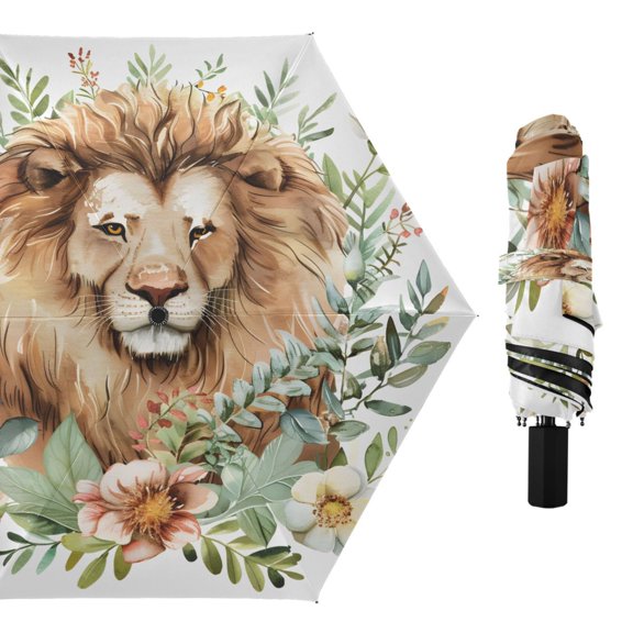 Compact Sun Umbrella Windproof Travel Umbrellas for Rain Strong Portable UV Protection Lion in Leaves