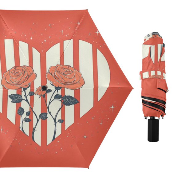 Compact Sun Umbrella Windproof Travel Umbrellas for Rain Strong Portable UV Protection Love Heart with Roses