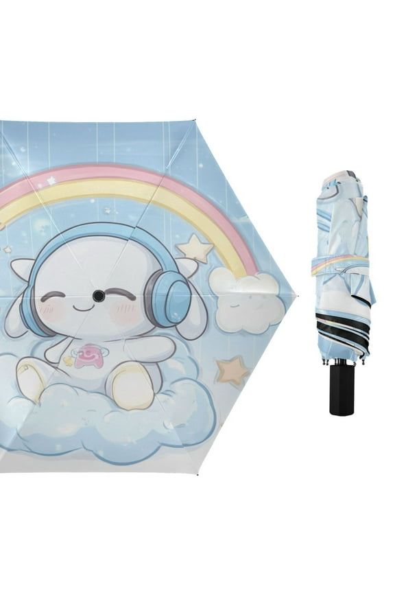 Compact Sun Umbrella Windproof Travel Umbrellas for Rain Strong Portable UV Protection Lovely Rabbit Rainbow Clouds Stars