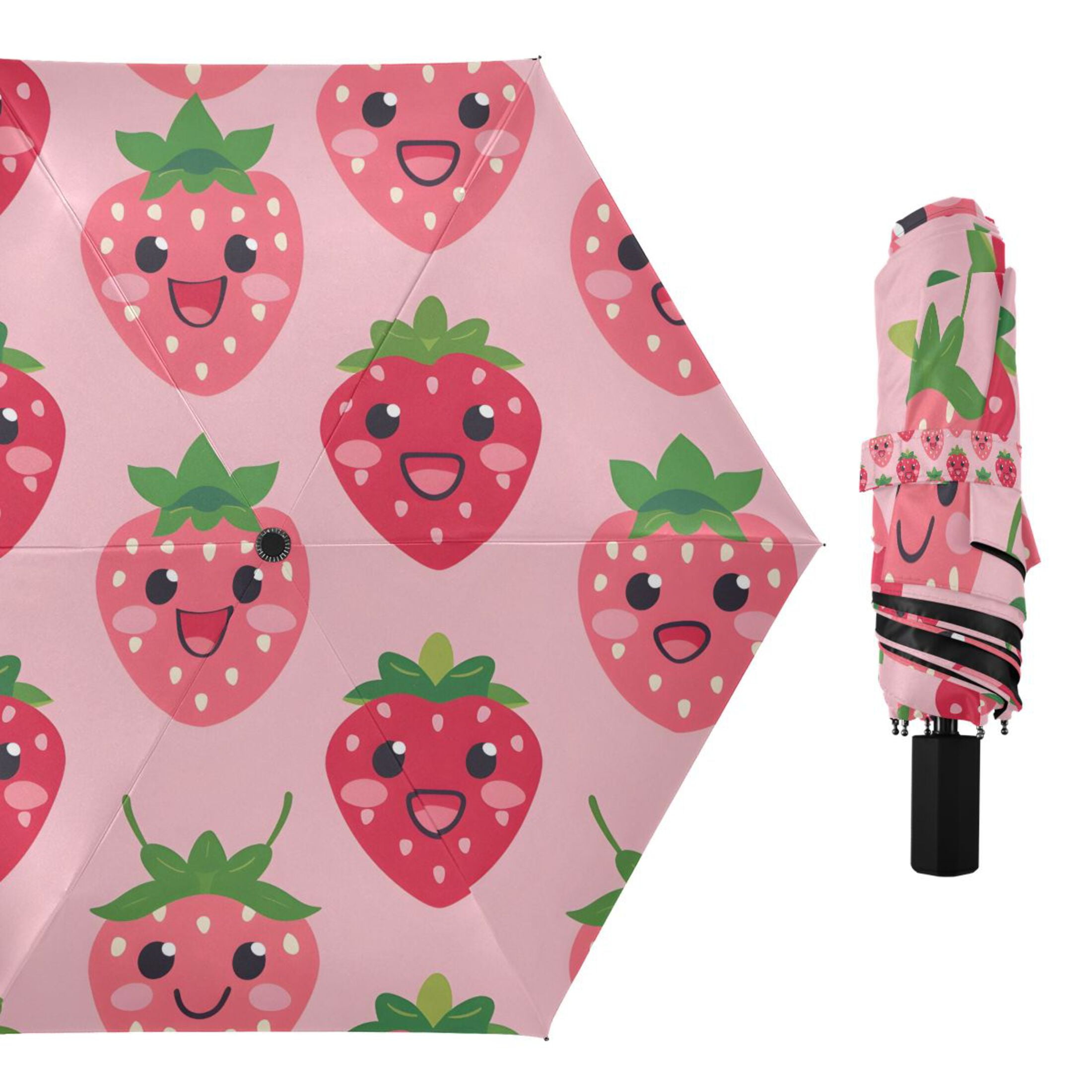 Compact Sun Umbrella Windproof Travel Umbrellas for Rain Strong Portable UV Protection Lovely Strawberry