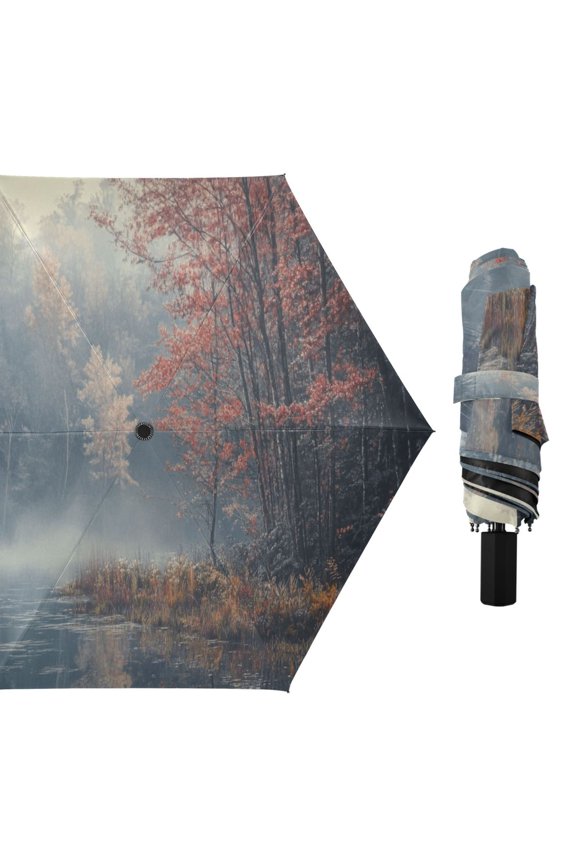 Compact Sun Umbrella Windproof Travel Umbrellas for Rain Strong Portable UV Protection Misty Morning in Forest