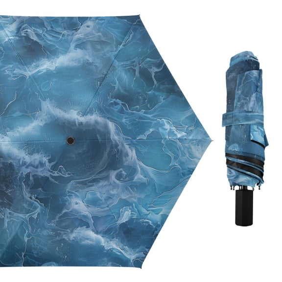 Compact Sun Umbrella Windproof Travel Umbrellas for Rain Strong Portable UV Protection Ocean Wavea