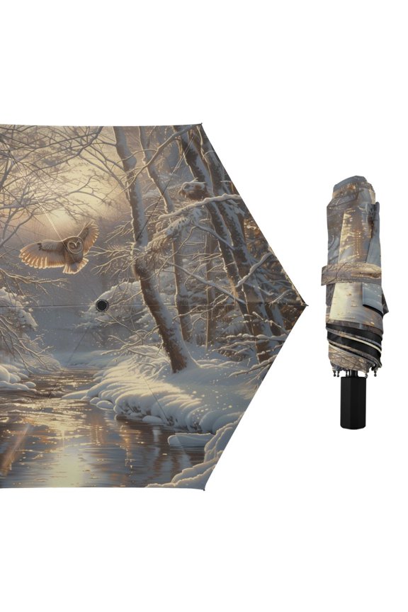 Compact Sun Umbrella Windproof Travel Umbrellas for Rain Strong Portable UV Protection Owl Fly in Winter Forest