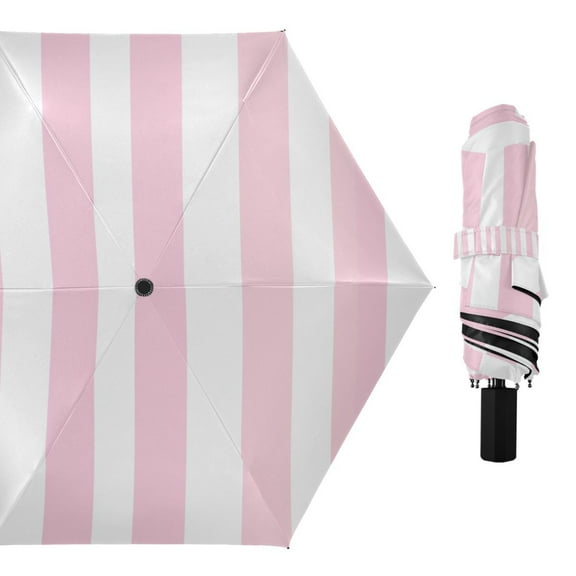 Compact Sun Umbrella Windproof Travel Umbrellas for Rain Strong Portable UV Protection Pale Pink and White Striped