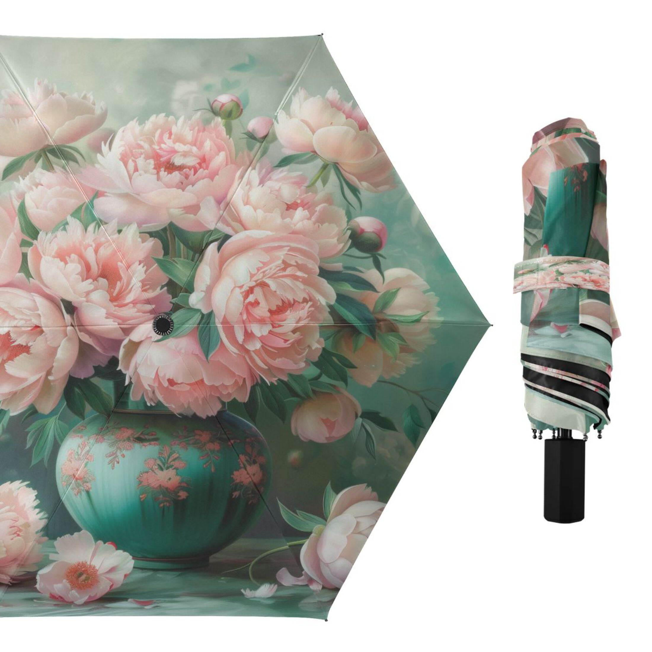 Compact Sun Umbrella Windproof Travel Umbrellas for Rain Strong Portable UV Protection Peonies Bouquet in Vases
