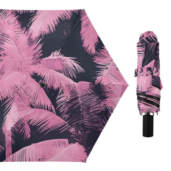 Compact Sun Umbrella Windproof Travel Umbrellas for Rain Strong Portable UV Protection Pink Palm Tree on Black