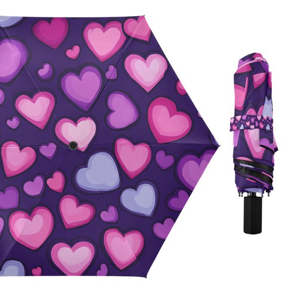 Compact Sun Umbrella Windproof Travel Umbrellas for Rain Strong Portable UV Protection Pink and Purple Hearts