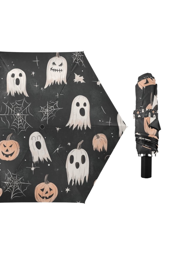 Compact Sun Umbrella Windproof Travel Umbrellas for Rain Strong Portable UV Protection Pumpkin Ghost Spiderweb