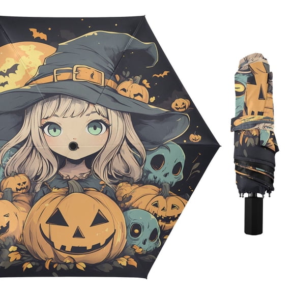 Compact Sun Umbrella Windproof Travel Umbrellas for Rain Strong Portable UV Protection Pumpkins Surround Cute Witch