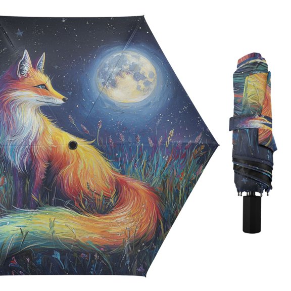 Compact Sun Umbrella Windproof Travel Umbrellas for Rain Strong Portable UV Protection Rainbow Fox in Starry Grassland