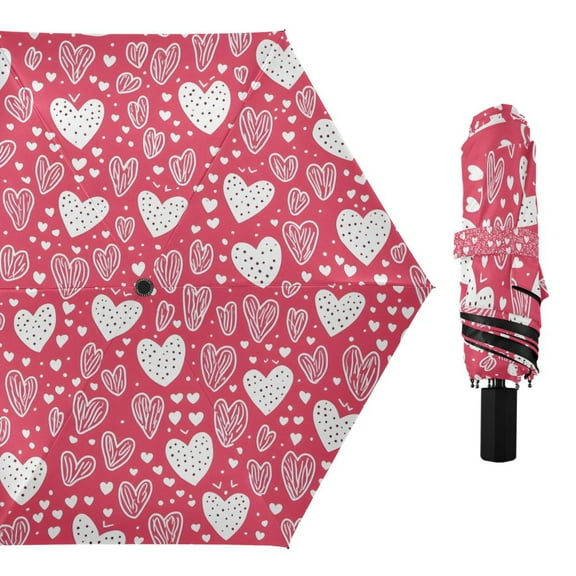 Compact Sun Umbrella Windproof Travel Umbrellas for Rain Strong Portable UV Protection Red Doodled Hearts