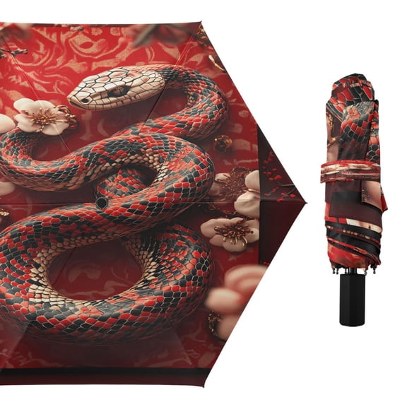 Compact Sun Umbrella Windproof Travel Umbrellas for Rain Strong Portable UV Protection Red Snake Lanterns Plum Blossoms