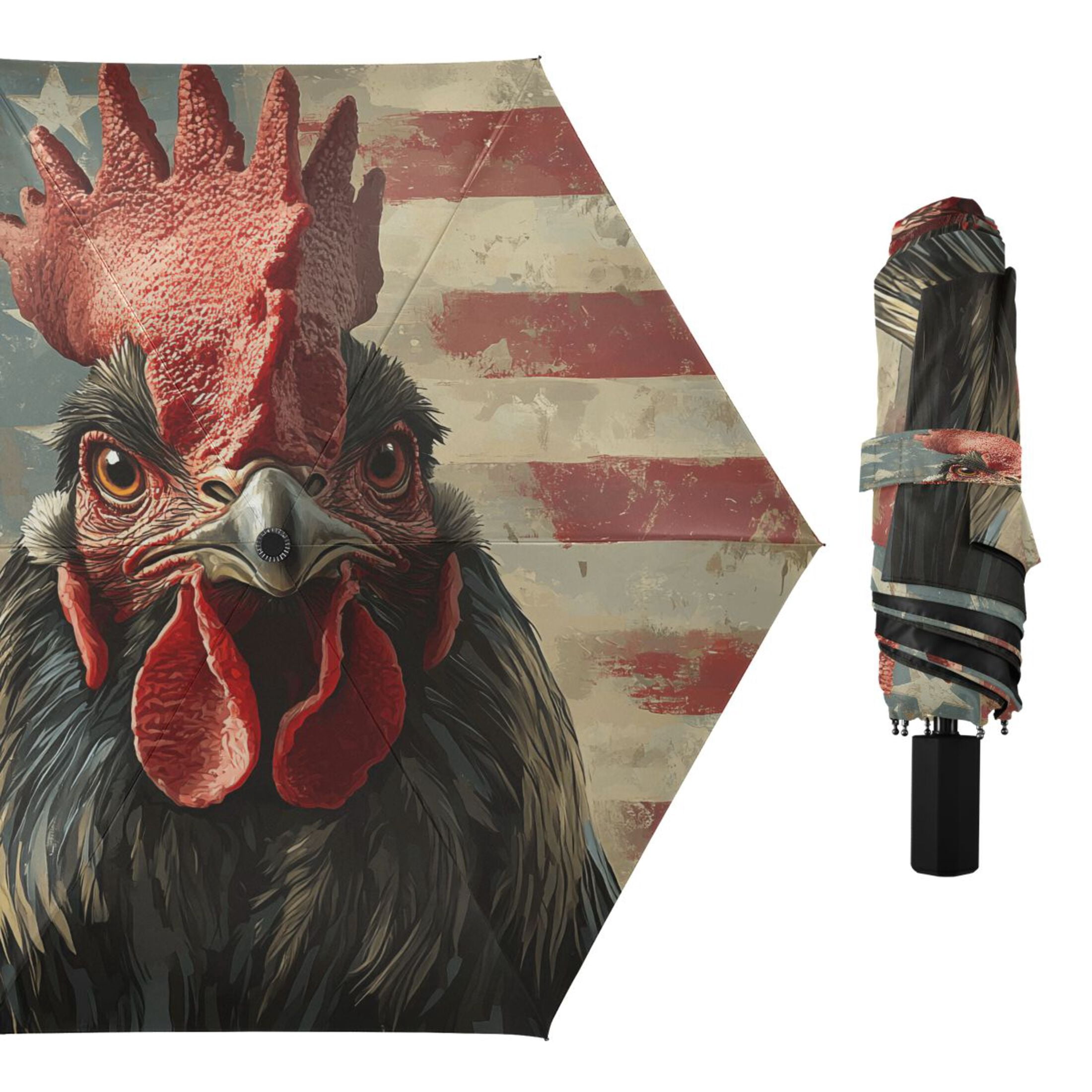 Compact Sun Umbrella Windproof Travel Umbrellas for Rain Strong Portable UV Protection Retro Chicken with American Flag