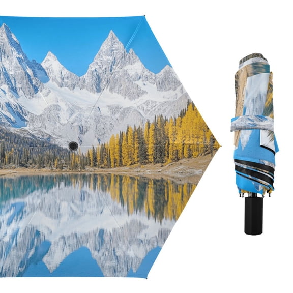 Compact Sun Umbrella Windproof Travel Umbrellas for Rain Strong Portable UV Protection Snow-capped Mountains Reflecting in Lake