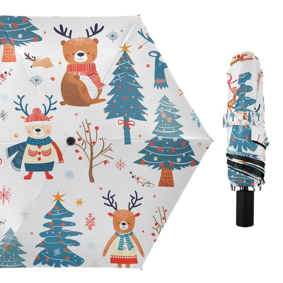 Compact Sun Umbrella Windproof Travel Umbrellas for Rain Strong Portable UV Protection Snowflakes Deer Bear Trees