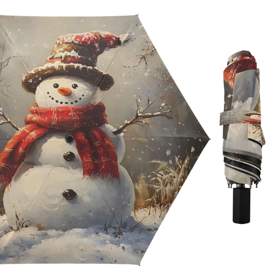 Compact Sun Umbrella Windproof Travel Umbrellas for Rain Strong Portable UV Protection Snowman with Christmas Hat