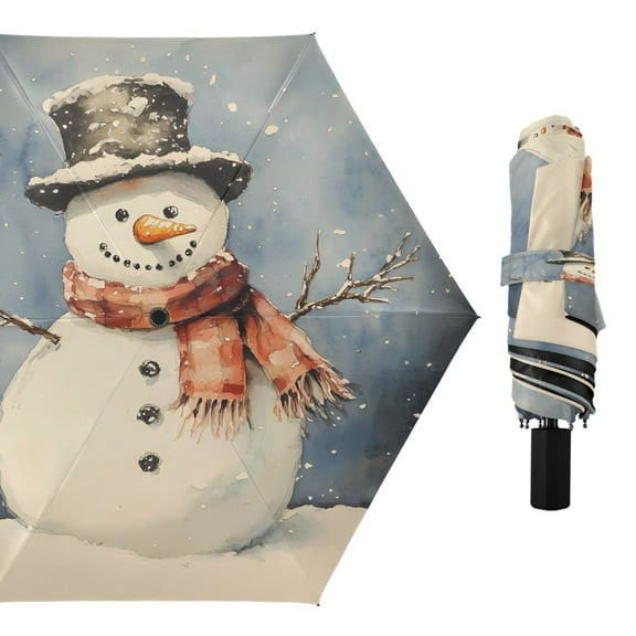 Compact Sun Umbrella Windproof Travel Umbrellas for Rain Strong Portable UV Protection Snowman with Scarf Wrap in Hat
