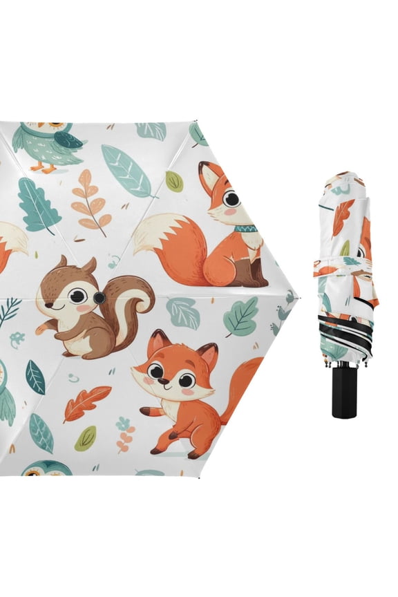Compact Sun Umbrella Windproof Travel Umbrellas for Rain Strong Portable UV Protection Squirrel Fox Owl Leaf