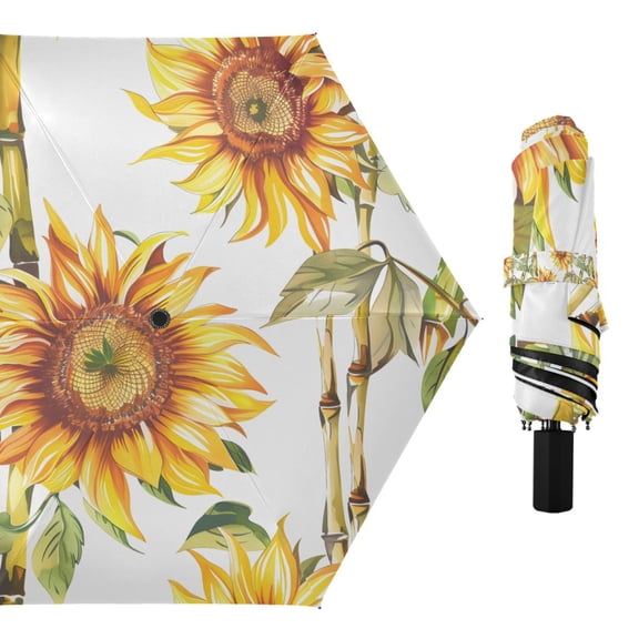 Compact Sun Umbrella Windproof Travel Umbrellas for Rain Strong Portable UV Protection Sunflower and Bamboo