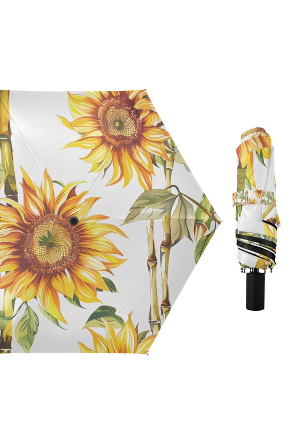 Compact Sun Umbrella Windproof Travel Umbrellas for Rain Strong Portable UV Protection Sunflower and Bamboo