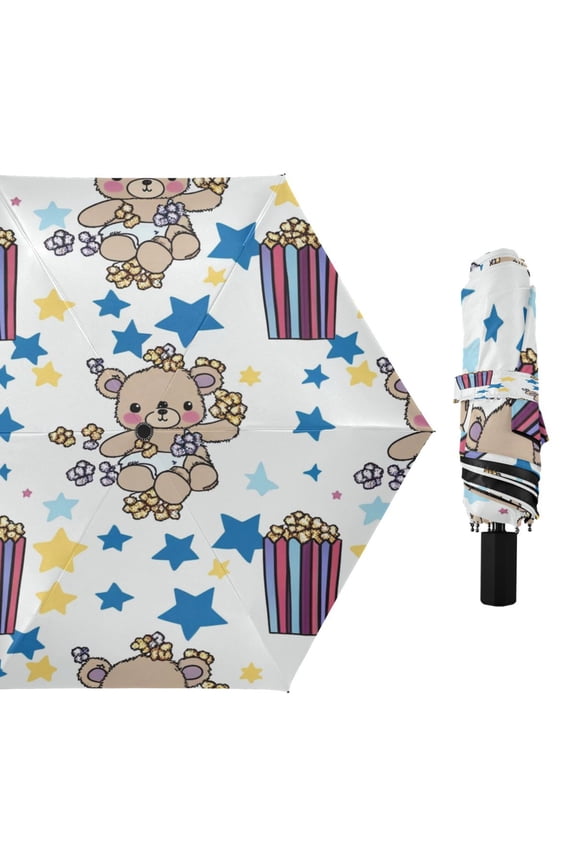 Compact Sun Umbrella Windproof Travel Umbrellas for Rain Strong Portable UV Protection Teddy Bear Popcorn Star