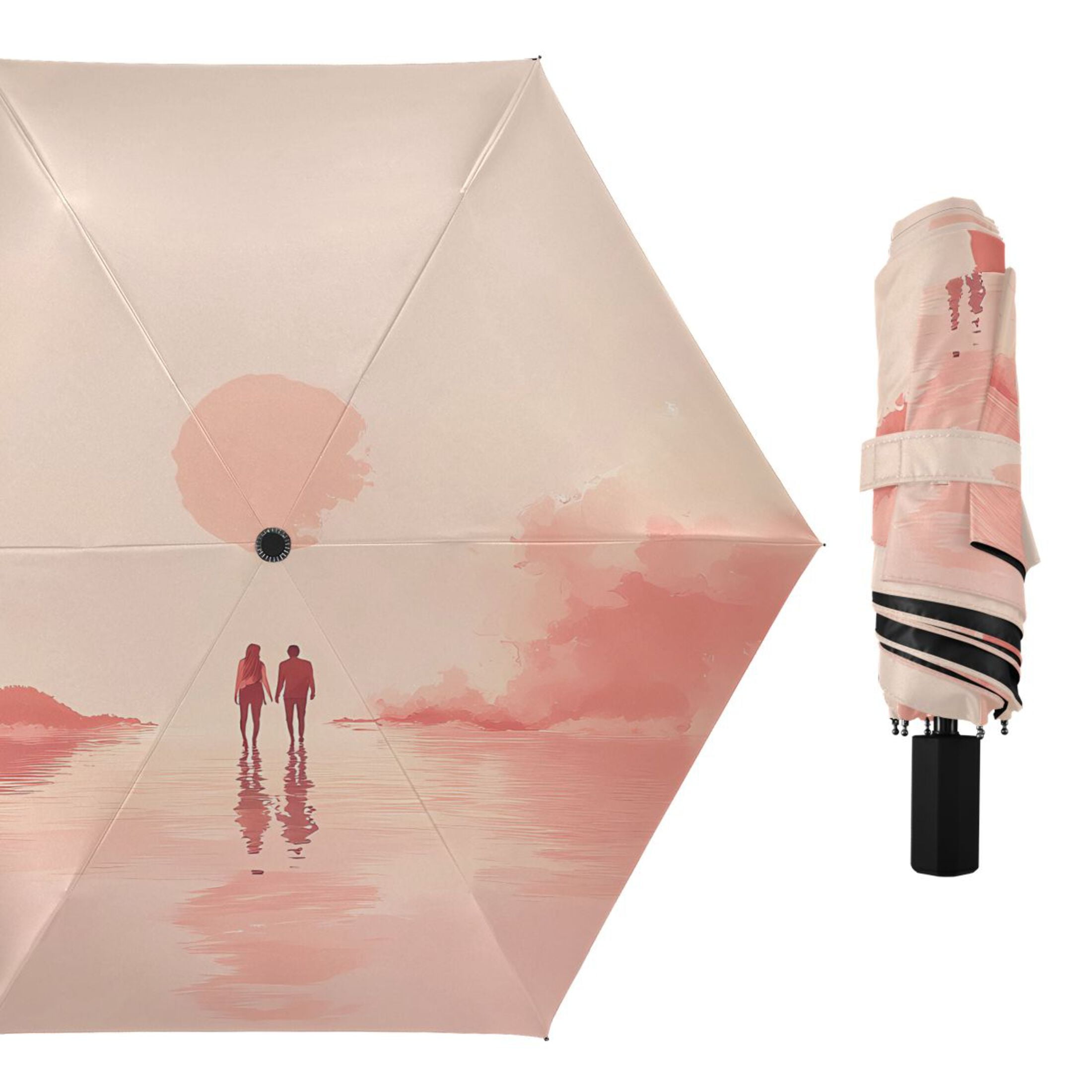 Compact Sun Umbrella Windproof Travel Umbrellas for Rain Strong Portable UV Protection Two People Stand on Water