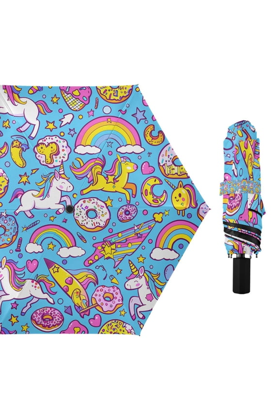 Compact Sun Umbrella Windproof Travel Umbrellas for Rain Strong Portable UV Protection Unicorns Donuts Rainbow