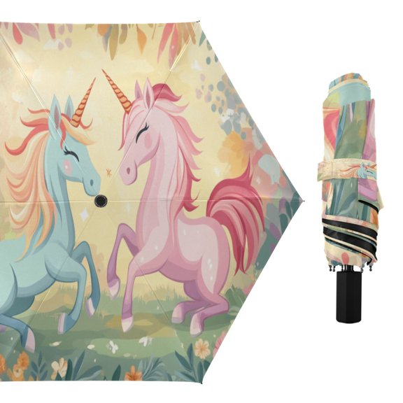Compact Sun Umbrella Windproof Travel Umbrellas for Rain Strong Portable UV Protection Unicorns Playing in Garden
