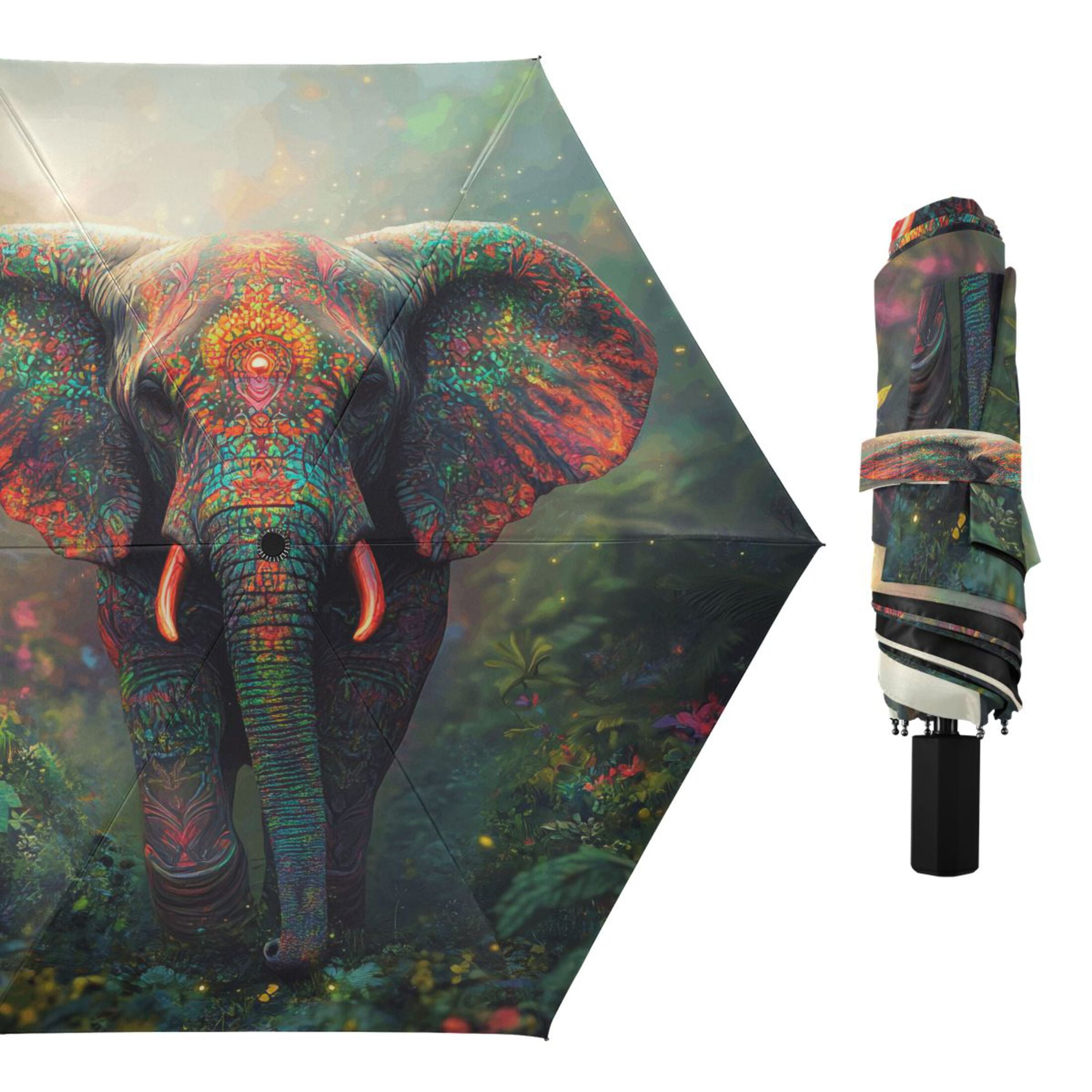 Compact Sun Umbrella Windproof Travel Umbrellas for Rain Strong Portable UV Protection Vibrant Elephant in Forest