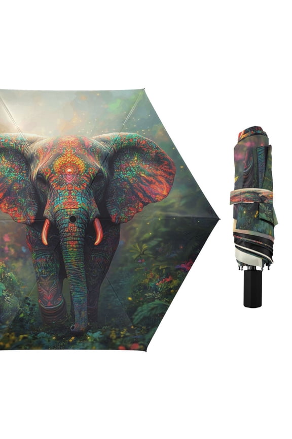 Compact Sun Umbrella Windproof Travel Umbrellas for Rain Strong Portable UV Protection Vibrant Elephant in Forest