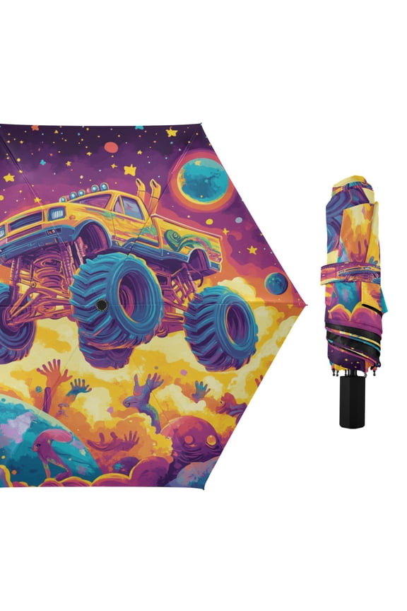Compact Sun Umbrella Windproof Travel Umbrellas for Rain Strong Portable UV Protection Vibrant Monster Truck