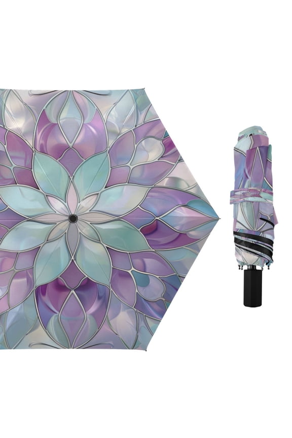 Compact Sun Umbrella Windproof Travel Umbrellas for Rain Strong Portable UV Protection Violet Floral Stained Glass