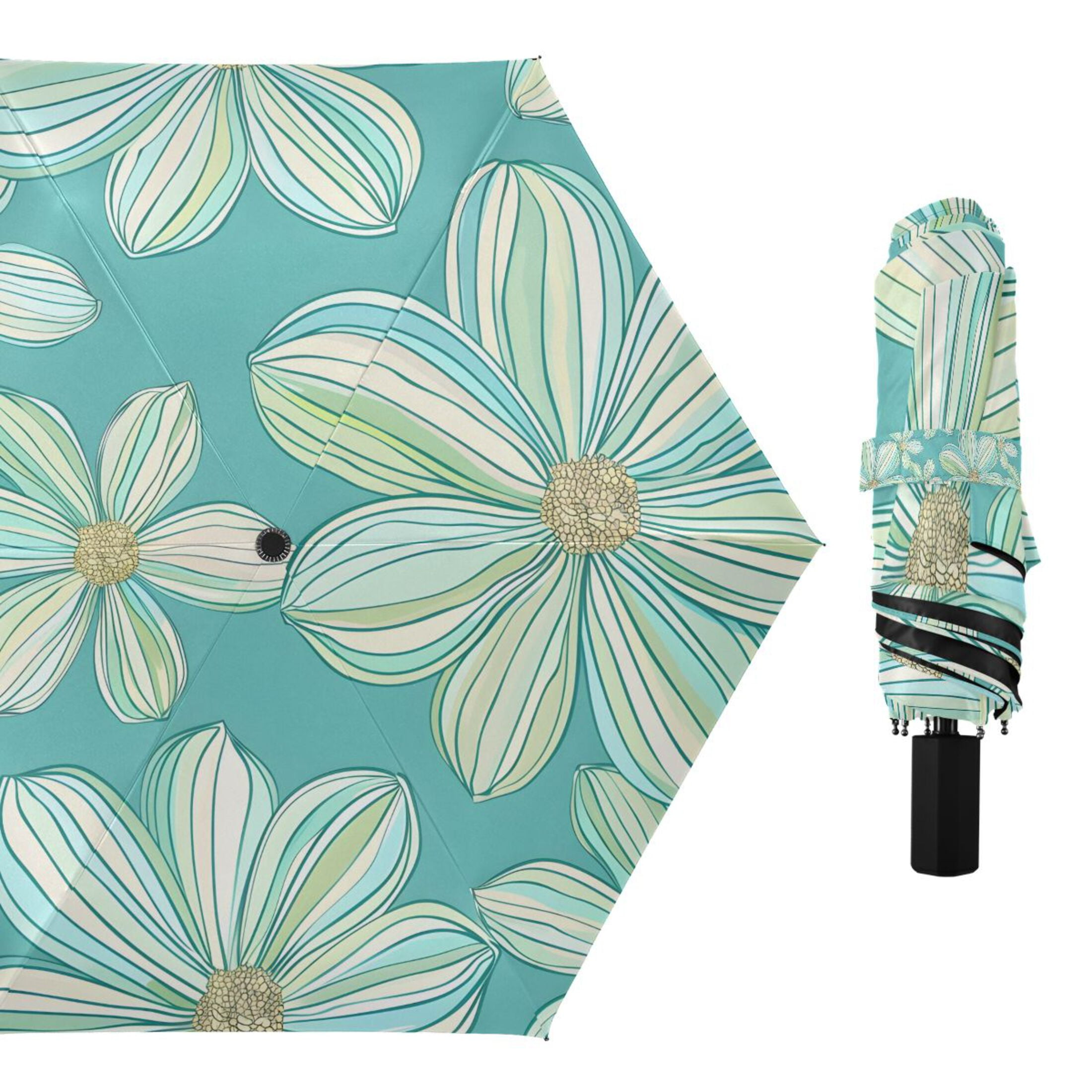 Compact Sun Umbrella Windproof Travel Umbrellas for Rain Strong Portable UV Protection Watercolor Daisy Flowers