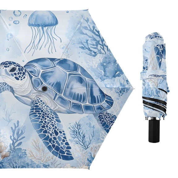 Compact Sun Umbrella Windproof Travel Umbrellas for Rain Strong Portable UV Protection Watercolor Turtle Jellyfish