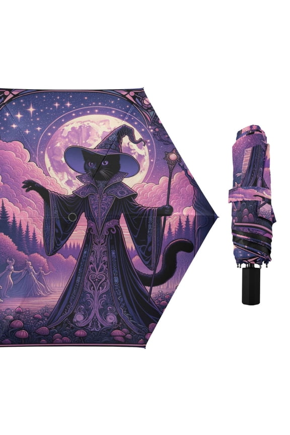 Compact Sun Umbrella Windproof Travel Umbrellas for Rain Strong Portable UV Protection Wizard Cat with Moon