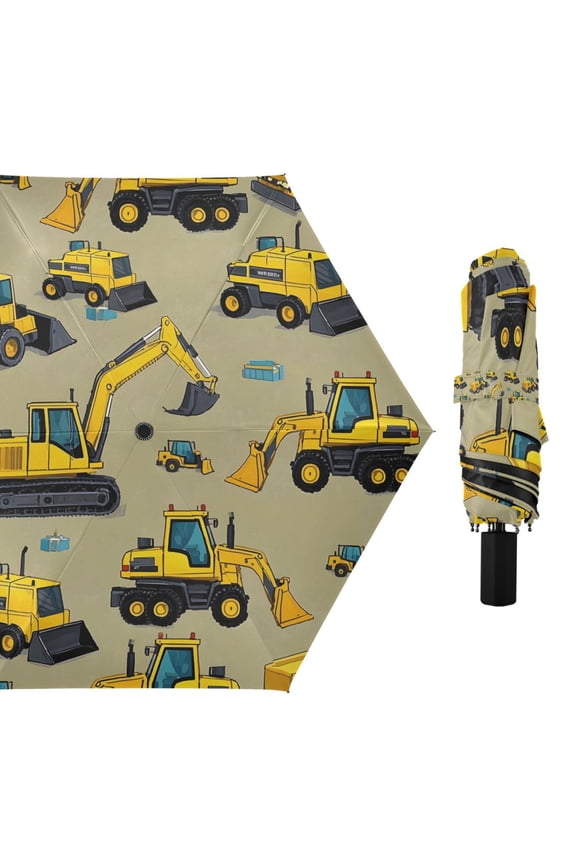 Compact Sun Umbrella Windproof Travel Umbrellas for Rain Strong Portable UV Protection Yellow Construction Vehicles