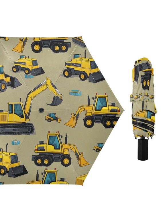 Compact Sun Umbrella Windproof Travel Umbrellas for Rain Strong Portable UV Protection Yellow Construction Vehicles