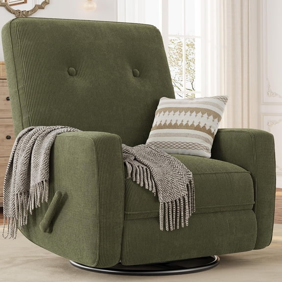 Compact Swivel Glider Recliner Chair 360 Rocking Adjustable Backrest and Footrest Corduroy Armchair Nursery Green